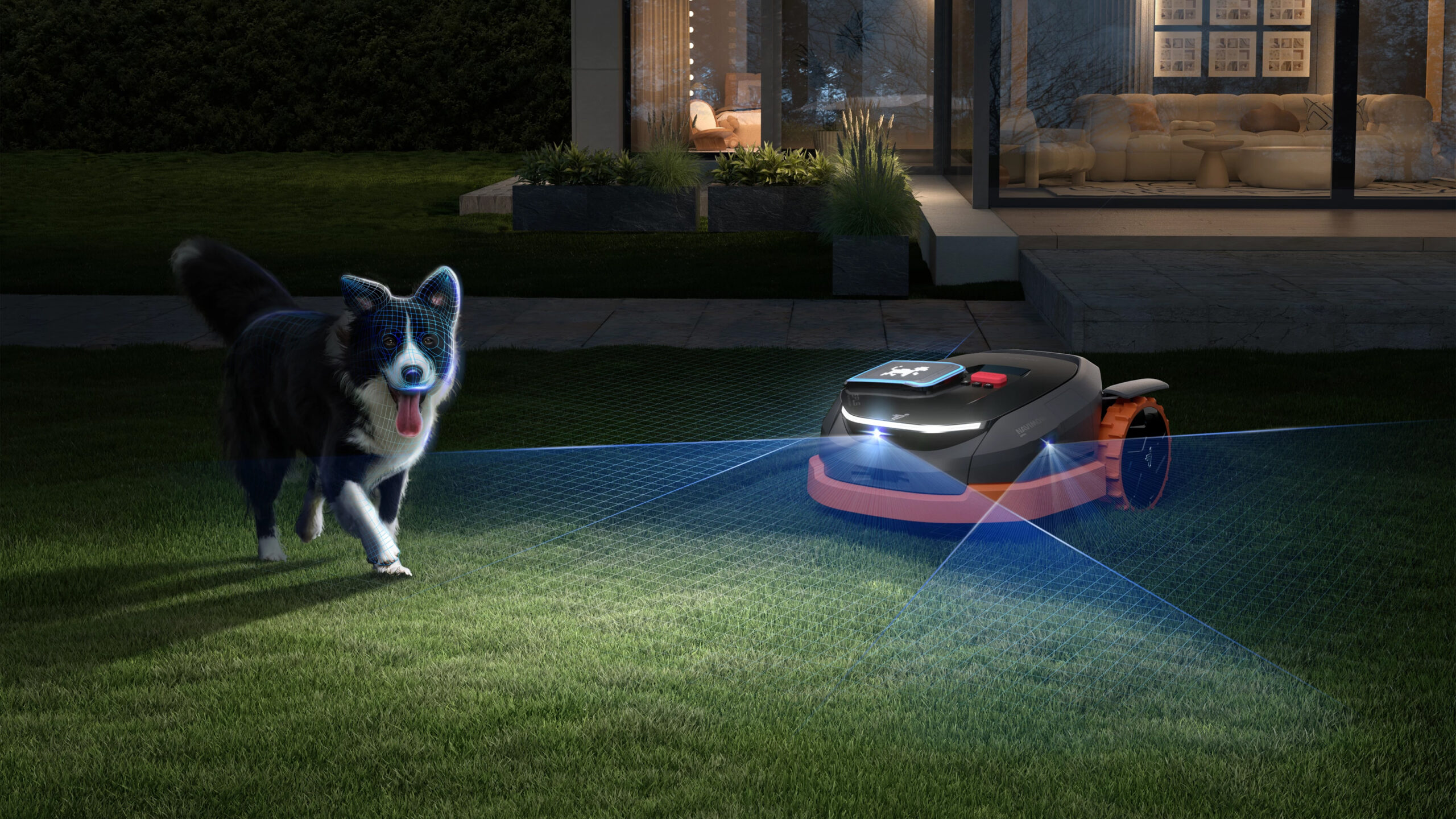Segway Navimow X330E Mähroboter mit aktivierter Lichtfunktion mäht den Rasen bei Dämmerung, während ein Hund aufmerksam daneben steht