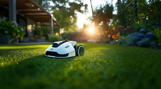 Mammotion Yuka 1000 Mähroboter bei Sonnenuntergang – leise und effiziente Rasenpflege auch in den Abendstunden